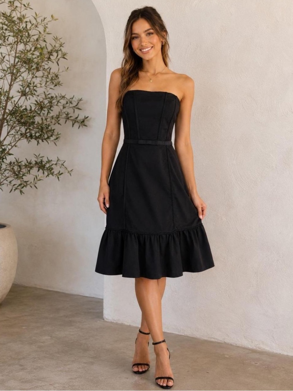 White House Black Market Strapless Black Ruffle-Hem Dress Women’s 00